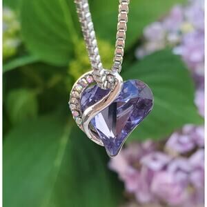 Blue Crystal Heart Necklace Silver Tone Rhinestone Pendant Love Jewelry 18 inch
